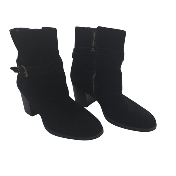 Ralph Lauren RLL Black Suede Block Heel Ankle Boots Gilda 8B Y2K Moto Strap - Picture 9 of 13